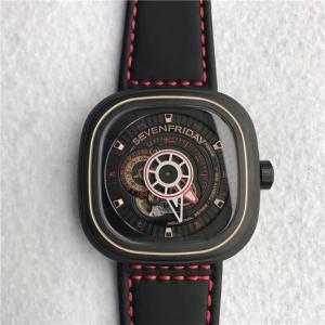 7个星期五男士手表Sevenfriday中国特别限量版＂Lucky＂，黑色PVD材料，机械机芯，黑色表盘，牛皮表带。