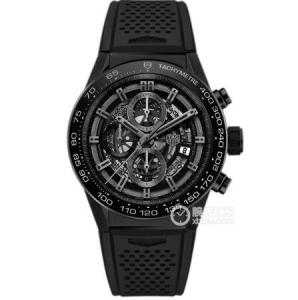 泰格豪雅卡萊拉HEUER 01,全黑色陶瓷手錶,鏤空多功能計時錶盤,進口膠帶,複雜而運動男式手錶